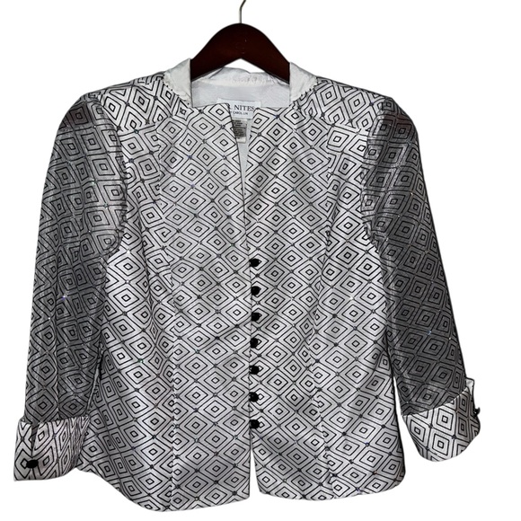 JR Nites by Carol Lin Black & White Geometric Blazer Jacket Size 14 - Picture 2 of 7